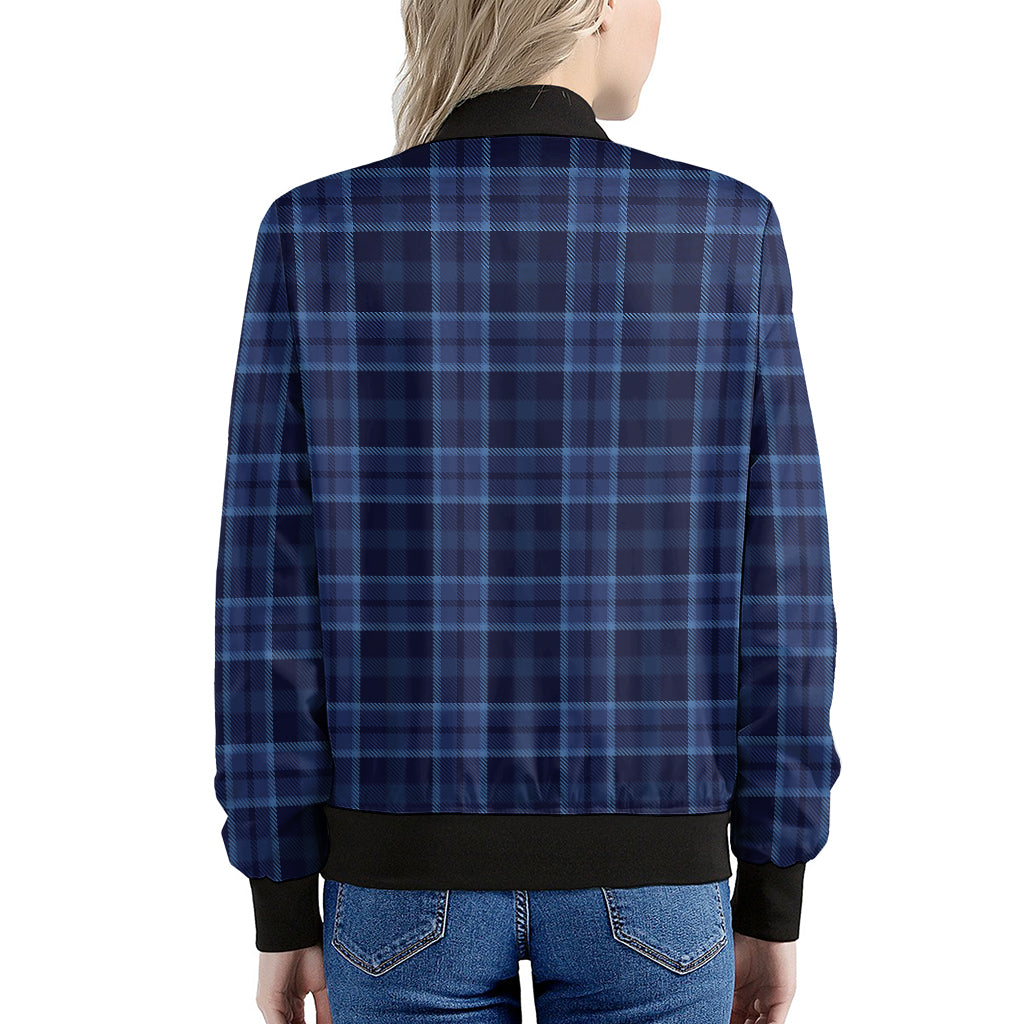 Blue Tartan Pattern Print Women's Bomber Jacket