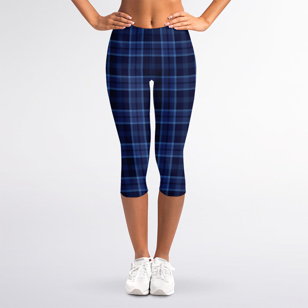 Blue Tartan Pattern Print Women's Capri Leggings