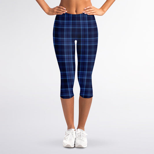 Blue Tartan Pattern Print Women's Capri Leggings