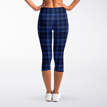 Blue Tartan Pattern Print Women's Capri Leggings