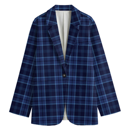 Blue Tartan Pattern Print Women's Cotton Blazer