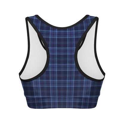 Blue Tartan Pattern Print Women's Sports Bra