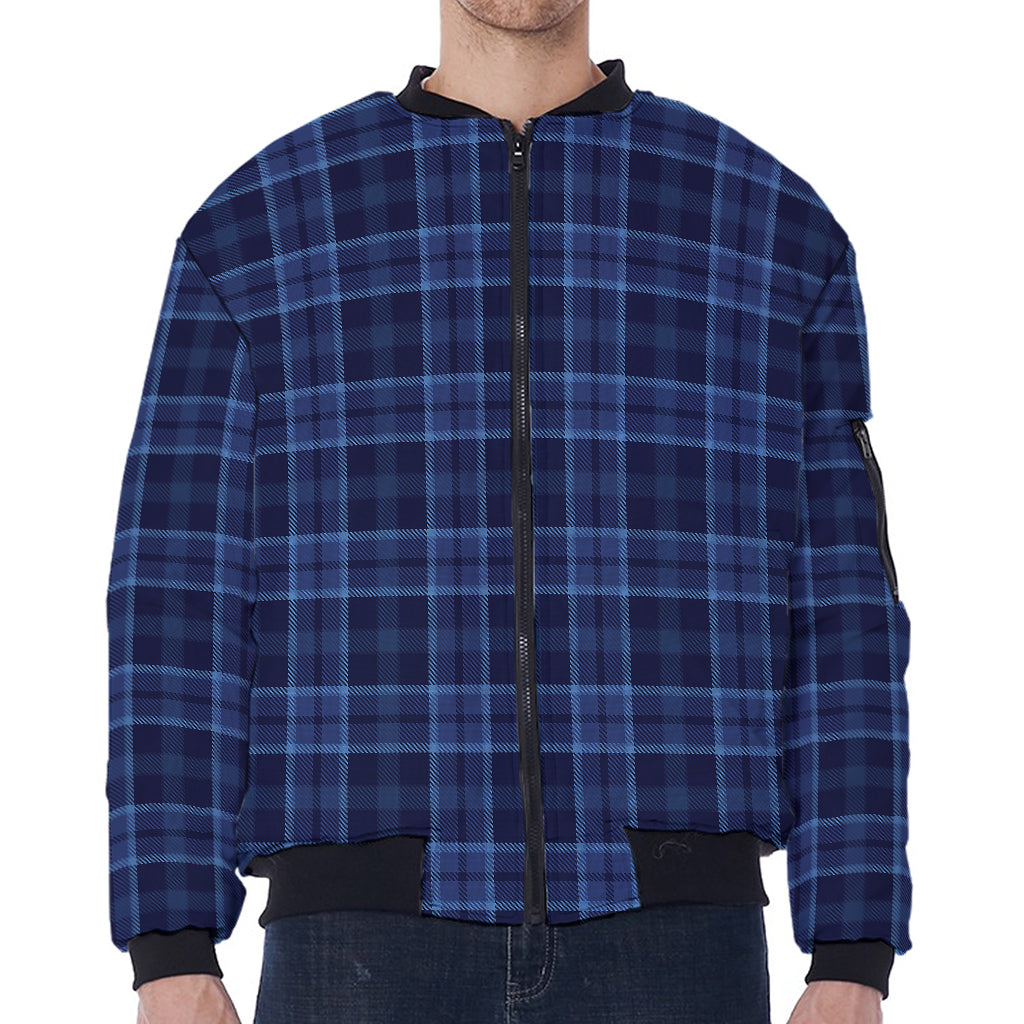 Blue Tartan Pattern Print Zip Sleeve Bomber Jacket