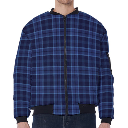 Blue Tartan Pattern Print Zip Sleeve Bomber Jacket