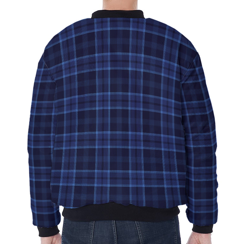 Blue Tartan Pattern Print Zip Sleeve Bomber Jacket