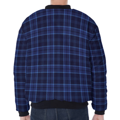 Blue Tartan Pattern Print Zip Sleeve Bomber Jacket