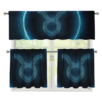 Blue Taurus Zodiac Sign Print 3 Piece Kitchen Curtains