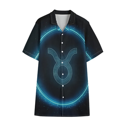 Blue Taurus Zodiac Sign Print Cotton Hawaiian Shirt
