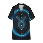 Blue Taurus Zodiac Sign Print Cotton Hawaiian Shirt