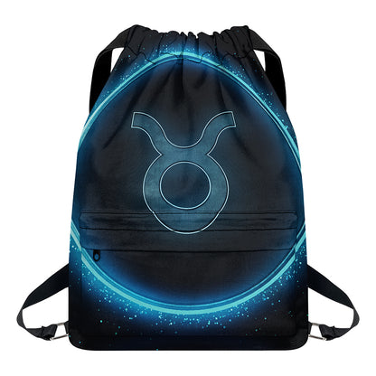 Blue Taurus Zodiac Sign Print Drawstring Backpack