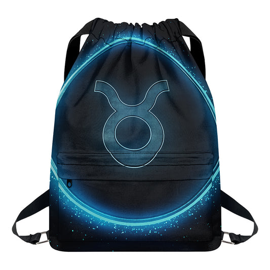 Blue Taurus Zodiac Sign Print Drawstring Backpack