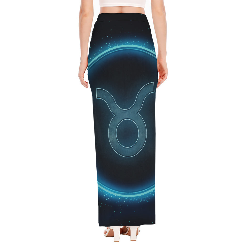 Blue Taurus Zodiac Sign Print High Slit Maxi Skirt