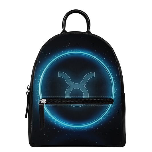 Blue Taurus Zodiac Sign Print Leather Backpack