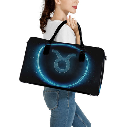 Blue Taurus Zodiac Sign Print Leather Duffle Bag