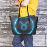 Blue Taurus Zodiac Sign Print Leather Tote Bag