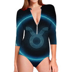 Blue Taurus Zodiac Sign Print Long Sleeve Swimsuit