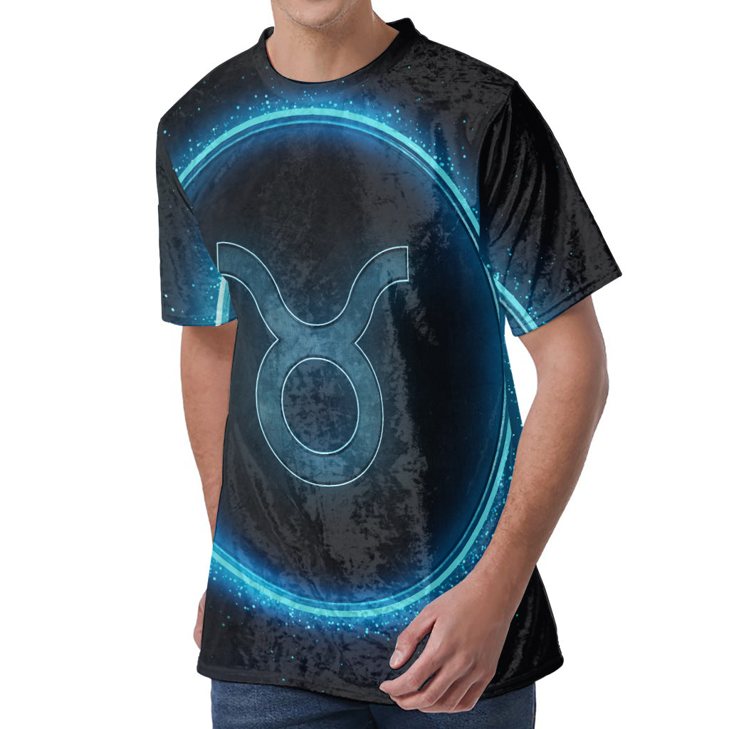 Blue Taurus Zodiac Sign Print Men's Velvet T-Shirt