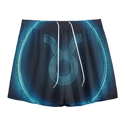 Blue Taurus Zodiac Sign Print Mesh Shorts