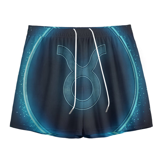 Blue Taurus Zodiac Sign Print Mesh Shorts