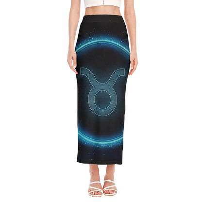 Blue Taurus Zodiac Sign Print Side Slit Maxi Skirt