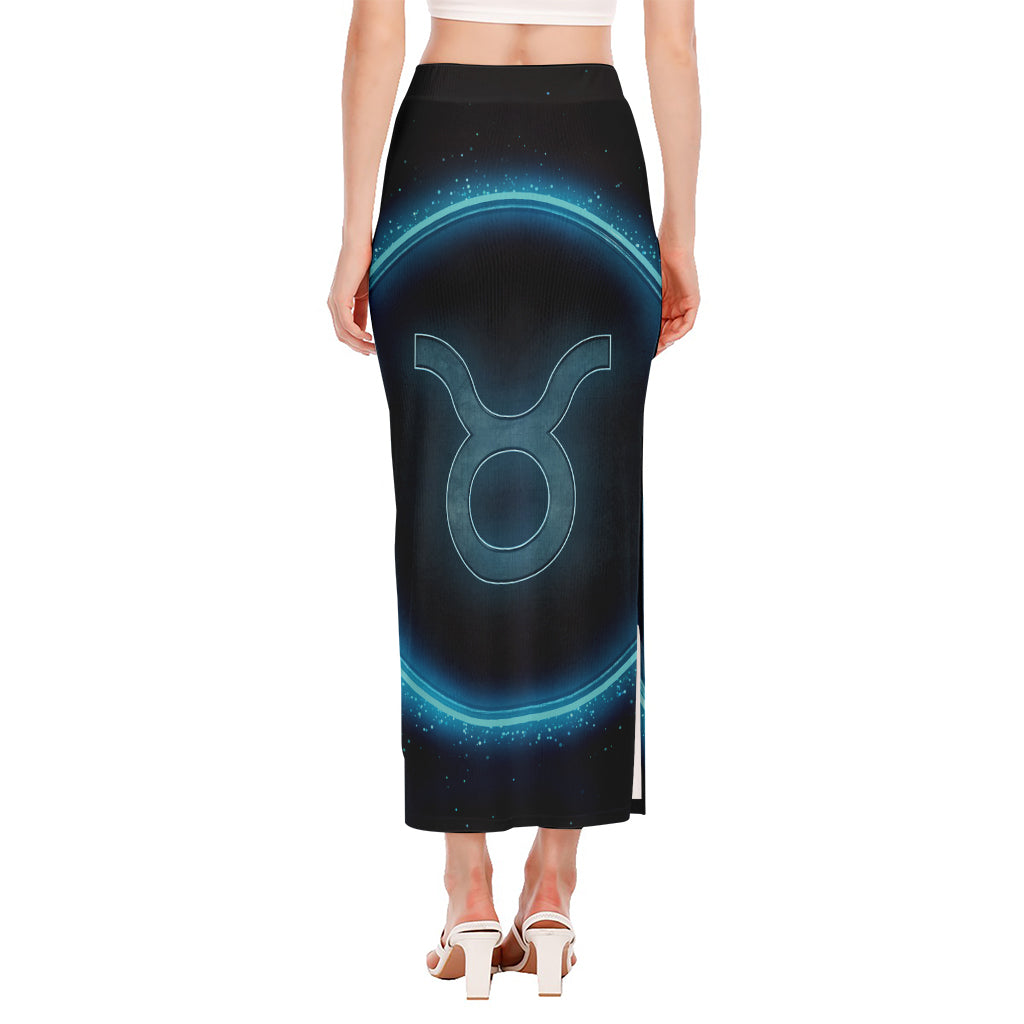 Blue Taurus Zodiac Sign Print Side Slit Maxi Skirt