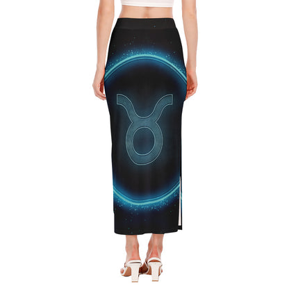Blue Taurus Zodiac Sign Print Side Slit Maxi Skirt