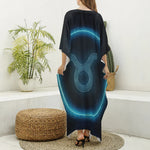 Blue Taurus Zodiac Sign Print Silk V-Neck Kaftan Dress