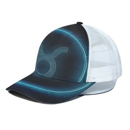 Blue Taurus Zodiac Sign Print White Mesh Trucker Cap