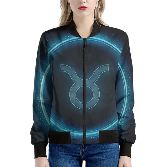 Blue Taurus Zodiac Sign Print Women's Bomber Jacket