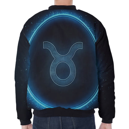 Blue Taurus Zodiac Sign Print Zip Sleeve Bomber Jacket