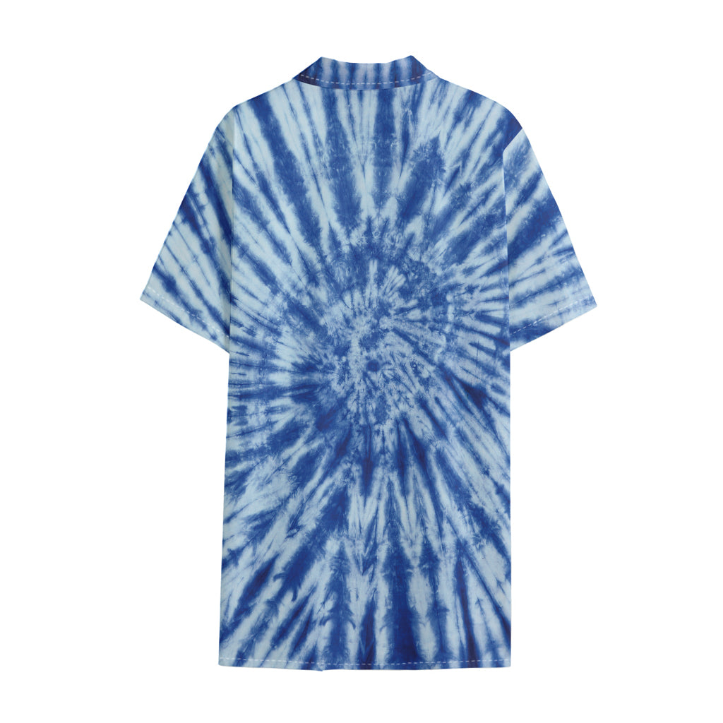 Blue Tie Dye Print Cotton Hawaiian Shirt