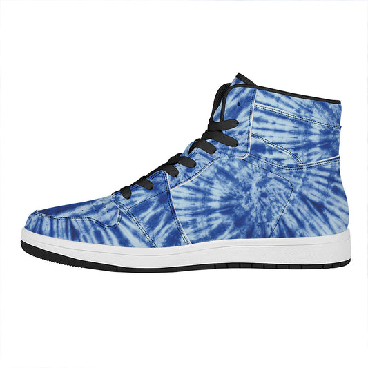 Blue Tie Dye Print High Top Leather Sneakers