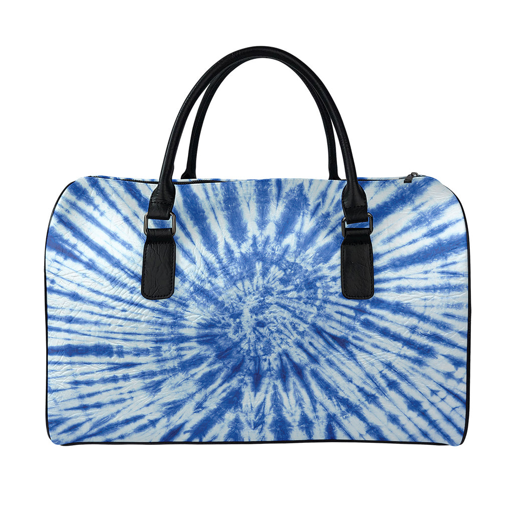 Blue Tie Dye Print Leather Duffle Bag