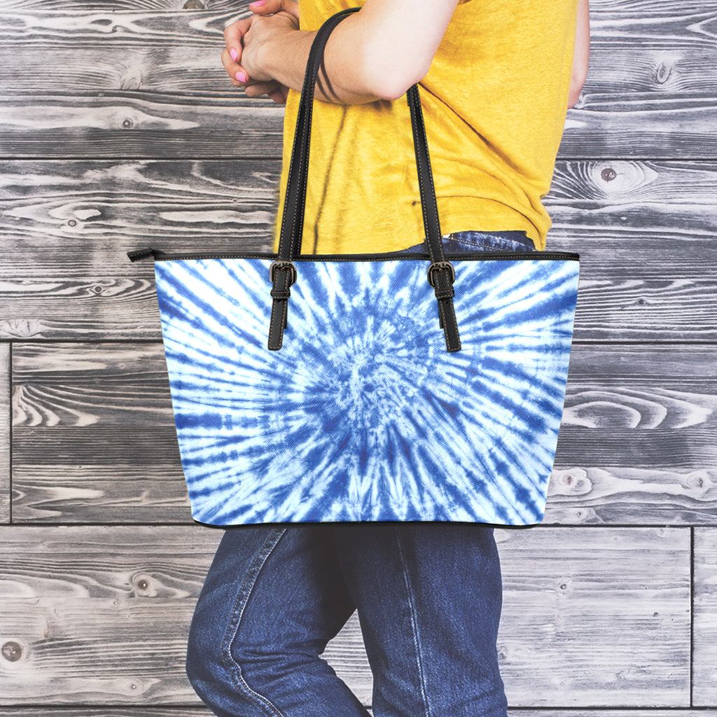 Blue Tie Dye Print Leather Tote Bag