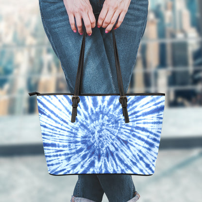 Blue Tie Dye Print Leather Tote Bag