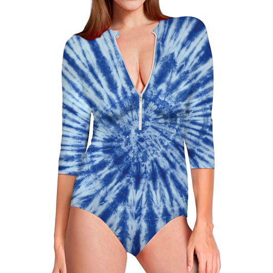 Blue Tie Dye Print Long Sleeve Swimsuit