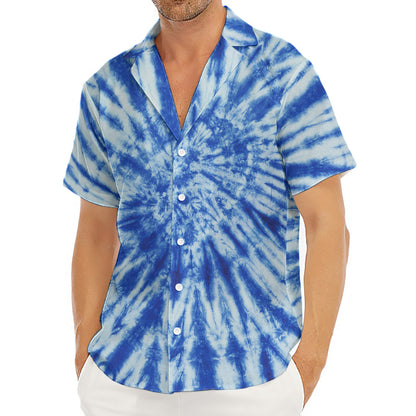 Blue Tie Dye Print Men's Deep V-Neck Shirt