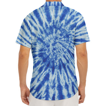 Blue Tie Dye Print Men's Deep V-Neck Shirt