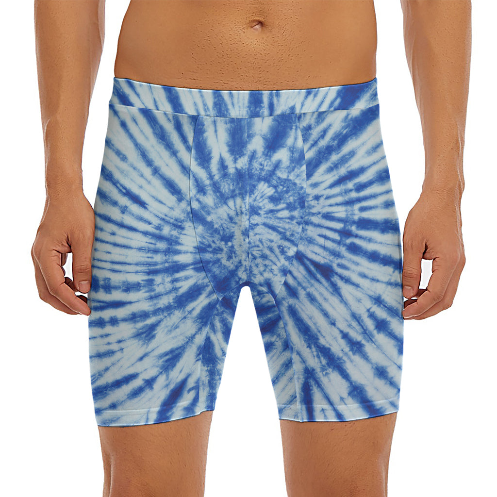 Blue Tie Dye Print Men's Long Boxer Briefs