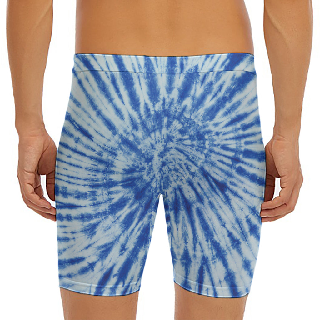 Blue Tie Dye Print Men's Long Boxer Briefs