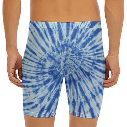 Blue Tie Dye Print Men's Long Boxer Briefs