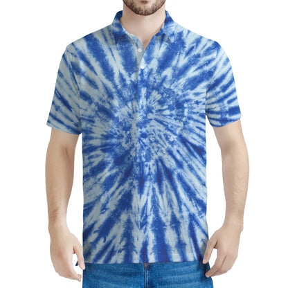 Blue Tie Dye Print Men's Polo Shirt