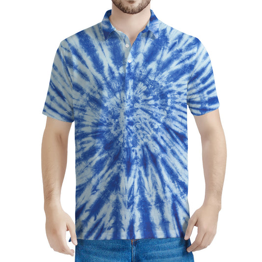 Blue Tie Dye Print Men's Polo Shirt