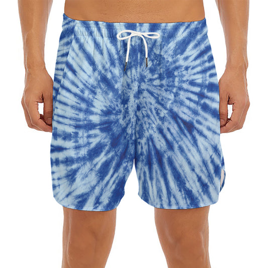 Blue Tie Dye Print Men's Split Running Shorts
