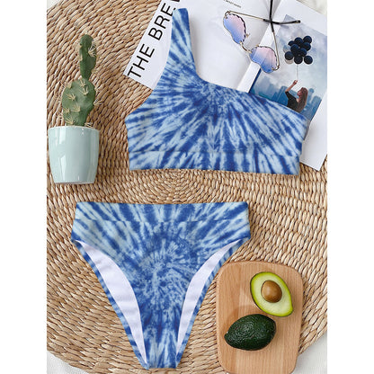 Blue Tie Dye Print One Shoulder Bikini Top