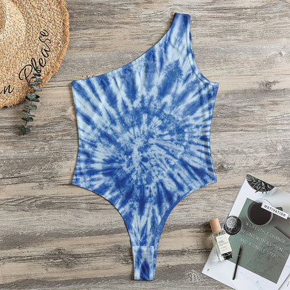 Blue Tie Dye Print One Shoulder Bodysuit