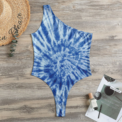 Blue Tie Dye Print One Shoulder Bodysuit