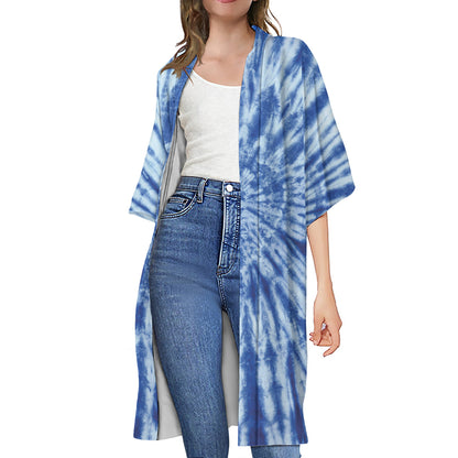 Blue Tie Dye Print Open Front Beach Cover Up