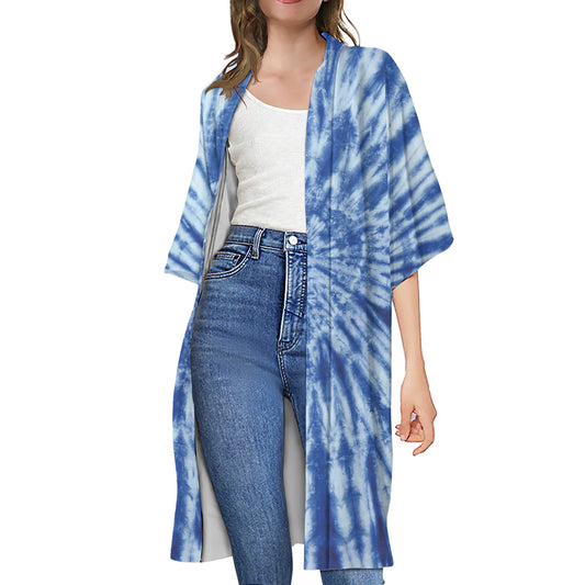 Blue Tie Dye Print Open Front Beach Cover Up