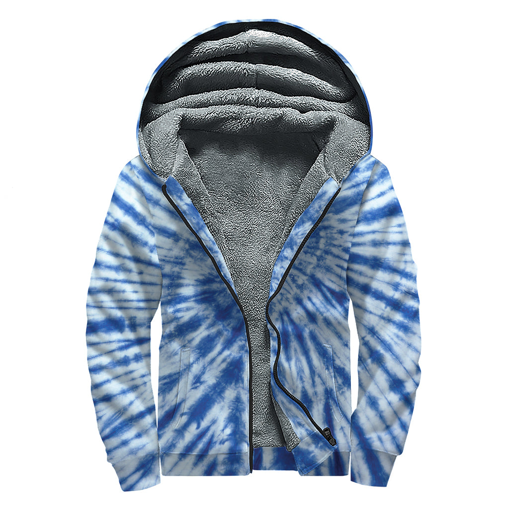 Blue Tie Dye Print Sherpa Lined Zip Up Hoodie